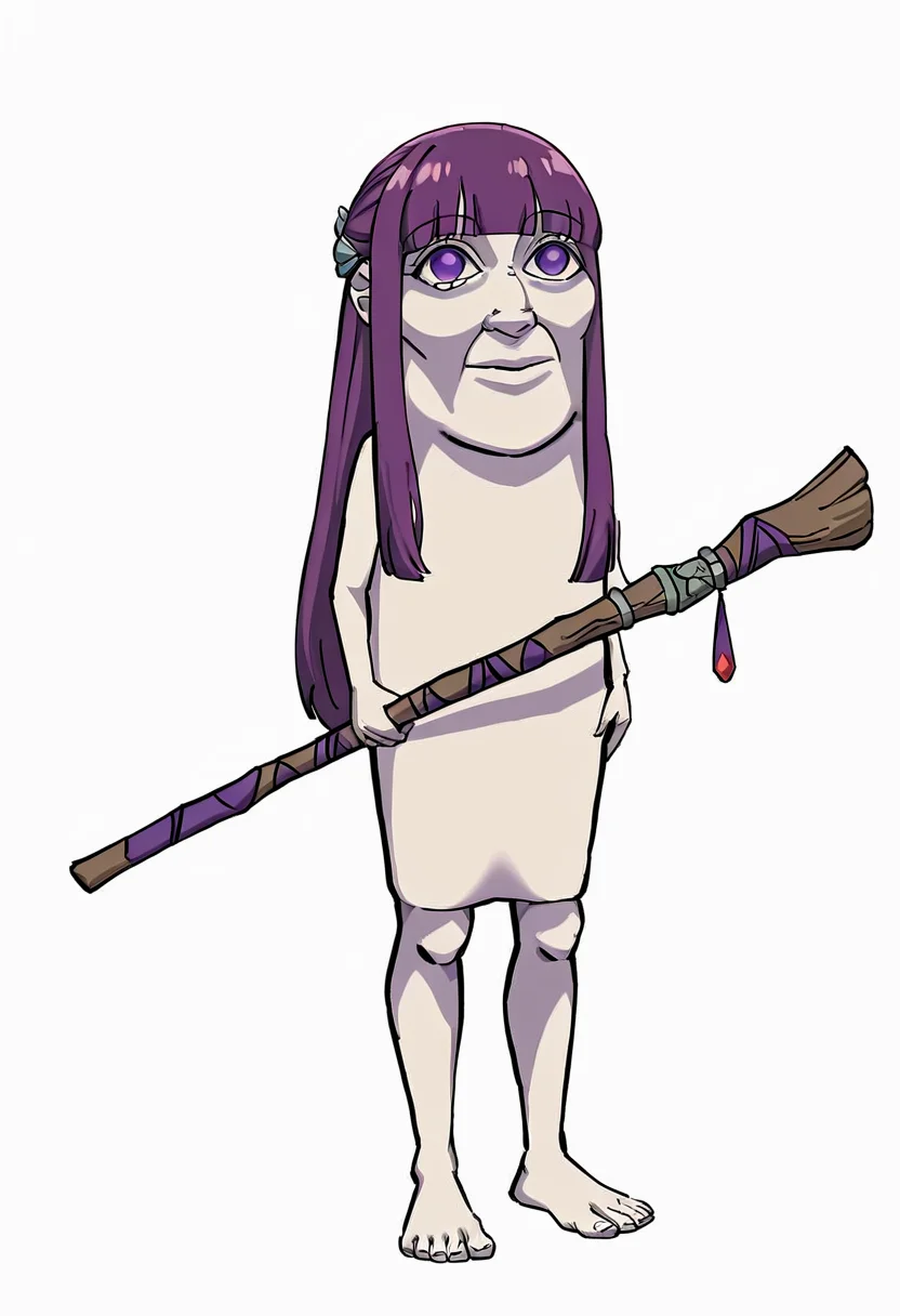 masterpiece, high quality, best quality, 1girl, ttsahur, fern \(sousou no frieren\), simple background, white background, barefoot, full body, standing, holding weapon, holding staff, mage staff, (colored skin, purple skin), <lora:tung_tung_tung_sahur-000010:1>,