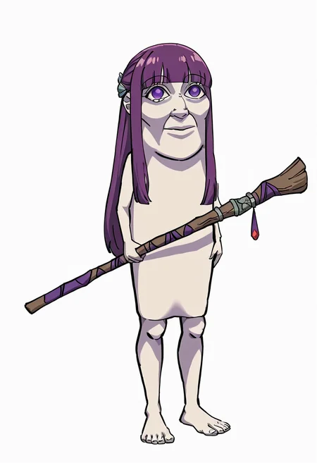 masterpiece, high quality, best quality, 1girl, ttsahur, fern \(sousou no frieren\), simple background, white background, barefoot, full body, standing, holding weapon, holding staff, mage staff, (colored skin, purple skin), <lora:tung_tung_tung_sahur-000010:1>,