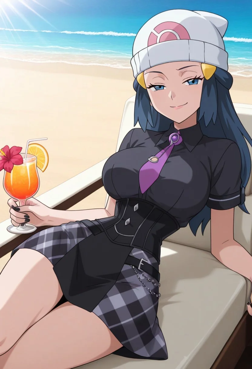 masterpiece, best quality, amazing quality, very aesthetic, high resolution, ultra-detailed, 4k, detailed, absurdres, newest, scenery, cartoon, parody, dawnpokemon, black hair, blue eyes, sidelocks, long hair, white beanie, mature female, anime screencap, 1girl, solo, smug, half closed eyes, smirk, smile, black shirt, short sleeves, purple necktie, tie clip, black skirt, plaid skirt, black corset, hairclip, black nails, black ribbon, sheer beach wrap, reclining on a yacht, tropical drink, ocean waves, warm sunlight, carefree expression, looking at viewer,(big breasts, skinny body, narrow waist, wide hips), bimbofusion artstyle