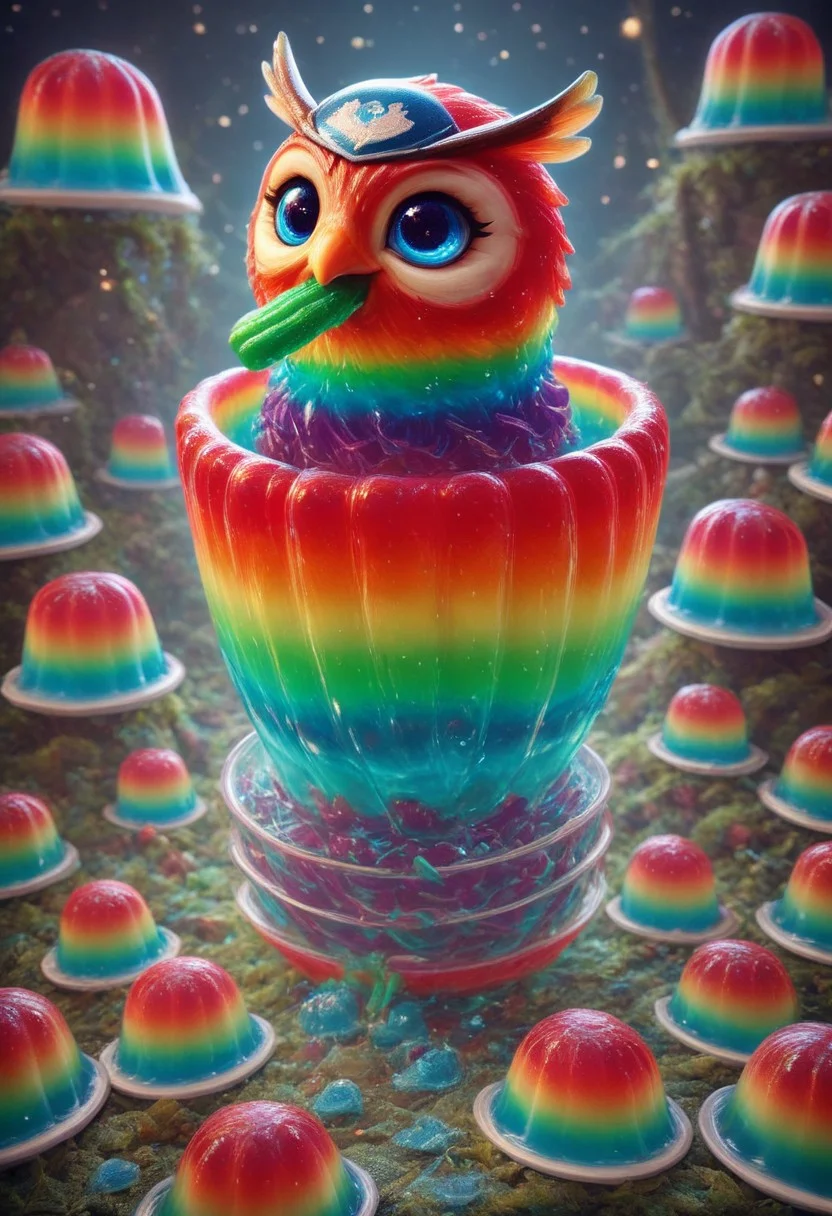 a cute chibby chicken mixed with a owl with big rainbow eyes made out of Jellystyle fractangles, it wears a cool rainbow bandana, very detailed, 4k, sharp, eating rainbow worms