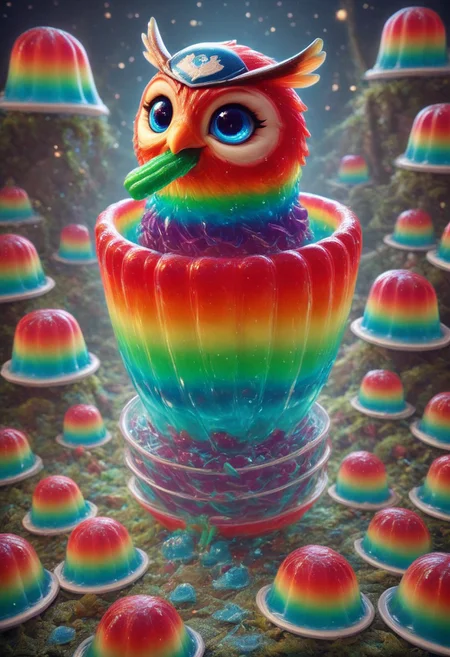 a cute chibby chicken mixed with a owl with big rainbow eyes made out of Jellystyle fractangles, it wears a cool rainbow bandana, very detailed, 4k, sharp, eating rainbow worms
