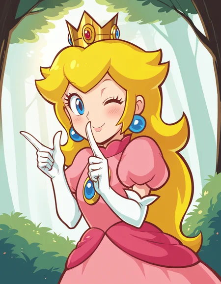 score_9, score_8_up, score_7_up, source_anime, <lora:super-princess-peach-ingame-ponyxl-lora-nochekaiser:1>, princess peach, blonde hair, blue eyes, long hair,, crown, dress, gem, gloves, pink dress, puffy short sleeves, puffy sleeves, short sleeves, white gloves,, Outdoors, nature, scenery, open space, sunlight, smile, <lora:double-finger-gun-ponyxl-lora-nochekaiser:1>, double finger gun,, blush, smile, one eye closed, from side, looking at viewer, solo,, dutch angle, cowboy shot