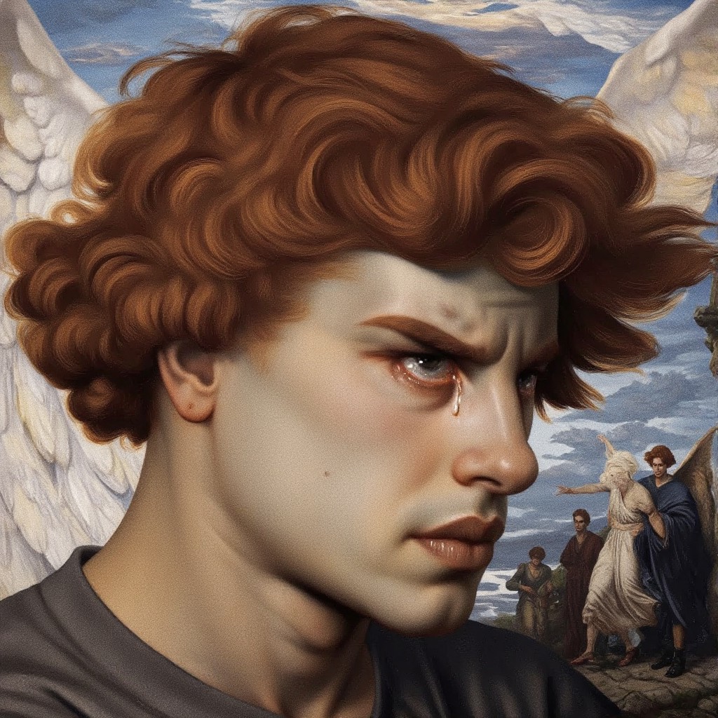 bo-exposure. Lucifer The Fallen Angel a painting of a closeup of a short curly hair crying teary eyes man with red hair and sad face in Alexandre Cabanel style and double exposure with a scene of Lucifer pleading before the Saints and God at the stairs to heaven.