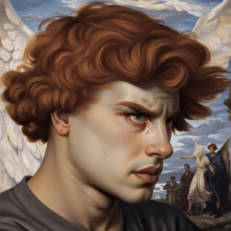 bo-exposure. Lucifer The Fallen Angel a painting of a closeup of a short curly hair crying teary eyes man with red hair and sad face in Alexandre Cabanel style and double exposure with a scene of Lucifer pleading before the Saints and God at the stairs to heaven.