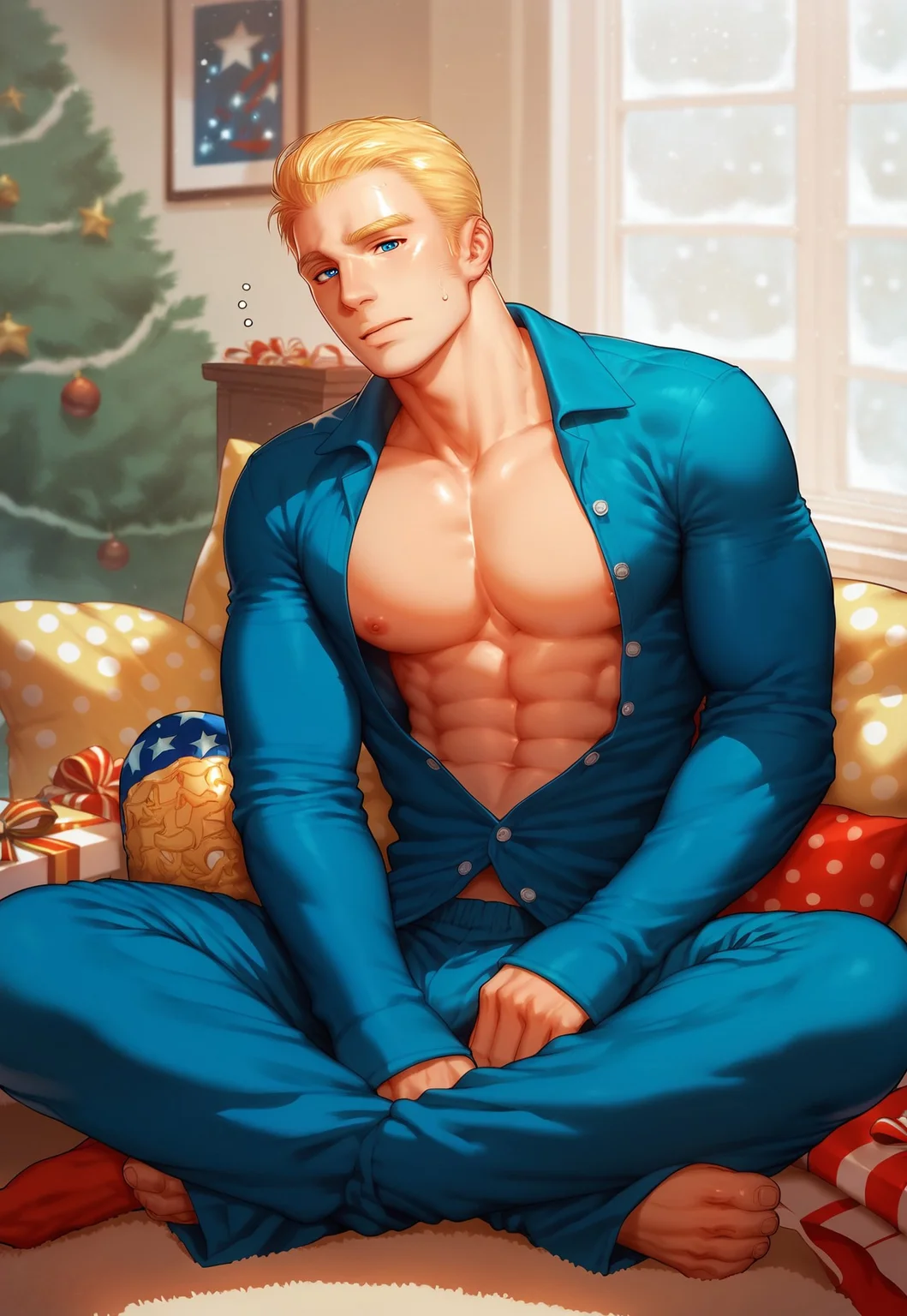 score_9, score_8_up, score_7_up, score_6_up, lighting, 1male, 1boy, male focus, anime, solo, perfect,

1boy, Captain America, blond hair, blonde hair, short hair, sideburns, blue eyes, masculine,

pajamas, dress shirt, full body, partially unbuttoned, sweatpants,

happy, sleepy, naughty, looking at viewer,

living room, Christmas tree, presents, 