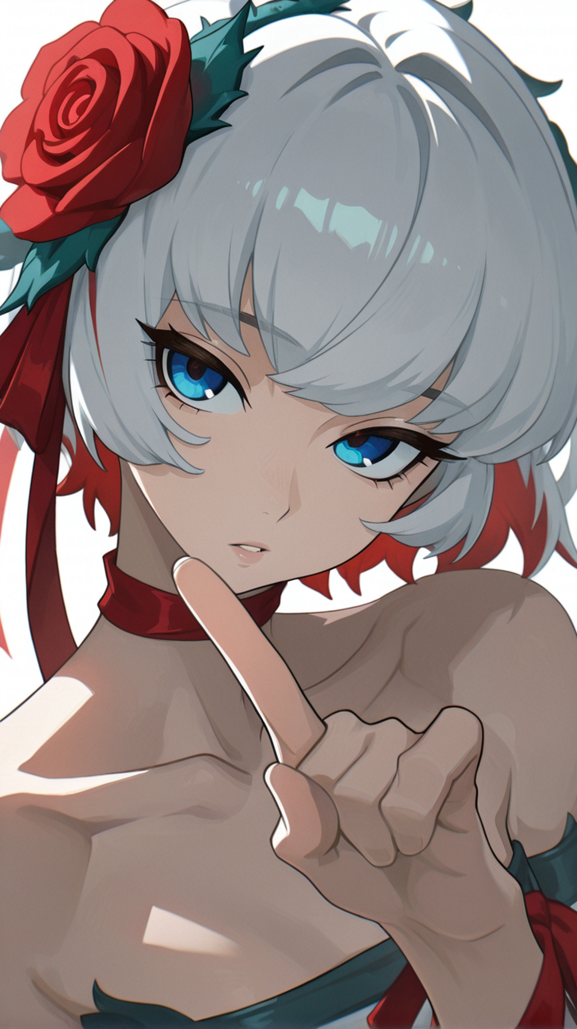 1girl, solo, looking_at_viewer, short_hair, bangs, blue_eyes, simple_background, hair_ornament, white_background, ribbon, bare_shoulders, collarbone, upper_body, flower, white_hair, grey_hair, red_hair, multicolored_hair, parted_lips, hand_up, hair_flower, red_ribbon, head_tilt, rose, red_flower, index_finger_raised, red_rose, thorns