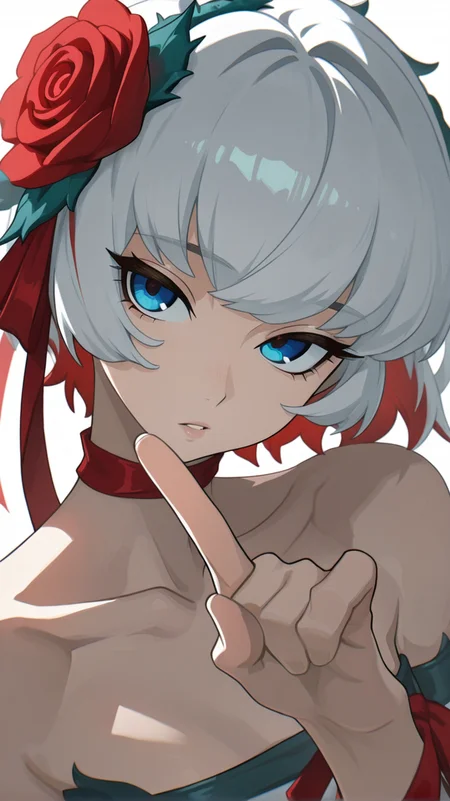 1girl, solo, looking_at_viewer, short_hair, bangs, blue_eyes, simple_background, hair_ornament, white_background, ribbon, bare_shoulders, collarbone, upper_body, flower, white_hair, grey_hair, red_hair, multicolored_hair, parted_lips, hand_up, hair_flower, red_ribbon, head_tilt, rose, red_flower, index_finger_raised, red_rose, thorns