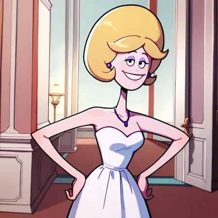 score_9, score_8_up, score_7_up BREAK PristineK, 1girl, blonde hair, black eyes, purple eyeshadow, purple oval earrings, purple necklace, strapless white dress, cowboy shot, hands on hips, smiling at viewer, salmon-pink mansion indoors,