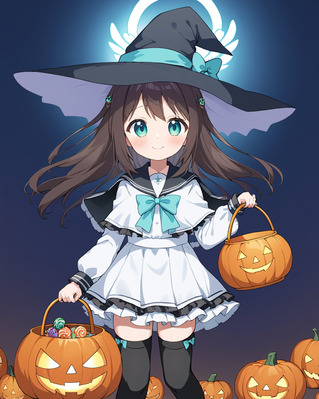 airi \(blue archive\),1girl, witch_hat, solo, smile, halloween, holding, halloween_bucket, blush, frilled_skirt, hat_bow, closed_mouth, white_shirt, looking_at_viewer, black_thighhighs, black_headwear, wrist_cuffs, collared_shirt, witch, hair_ornament, ghost, jack-o'-lantern, lollipop, black_capelet, blue_bow, dress_shirt
<lora:airi_(blue_archive)_image186_2023-11-26-000030:1>halo. gorgeous,key visual, vibrant, studio anime,award-winning, professional, highly detailed,high budget, cinemascope