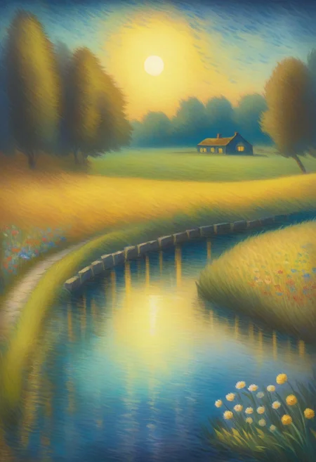 renaissance style impressionist painting. moonlight. reflections on water. quaint stone bridge. small stream. wildflowers. asymetric. in the style of Van Gogh, thermo