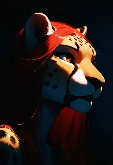 1girl, furry, anthro, cheetah, solo, dark, light, masterpiece, best quality, very aesthetic, close up, red hair, parted lips