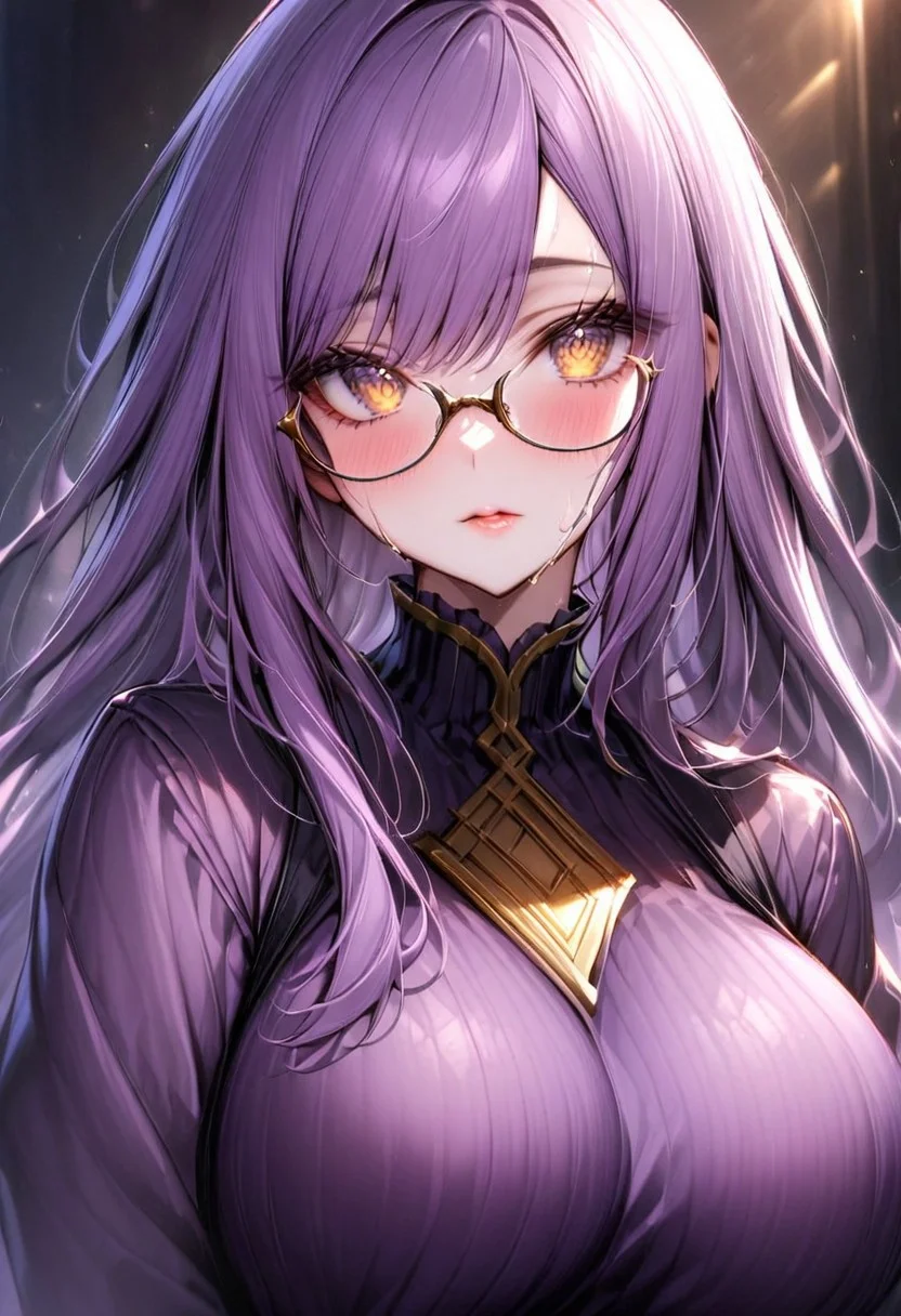 [[Lydia]]
beautiful face, glasses, soft skin, lightly made-up soft lips
purple Hair (((purple Long hair 1.6)))
(((golden eyes 1.6))) golden Sparkling eyes
((Big Detailed beautiful eyes))
((ultra detailed Art))
beautiful eyes in love
glowing skin, sweaty skin 
Perfect line guidance 
Clean, sharp edges
1woman, solo, eyeliner, gorgeous lips, medium big breast
