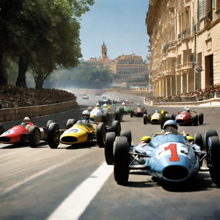 Monaco 1940s,Grand Prix,racing cars, one in front, cars behind blurred, all cars kept within frame, low angle view,
frame of picture,racetrack,outdoors,
sky blue,day,motion blur to wheels, some dust, keep cars size proportionate and perspective,
facing forward, close race, one driver per car, reflection in helmet visas,
cloud,tree,blue sky,_p_style, all with drivers, racing drivers, drivers heads all facing forwards, all wearing helmets,red car, blue car, yellow car, green car,ferrari,text MONACO on barriers, well drawn numbers on cars<lora:VintagePPXL:1>, (masterpiece, best quality, ultra-detailed, best shadow), high contrast, (best illumination), ((cinematic light)), colourful, hyper detail, dramatic light, intricate details, ultra detailed artistic photography, backlit, shadows, ultra high definition, 8k, ultra sharp focus, ultra high quality, soft lighting, film photography, analogue photography, hyperrealism,
