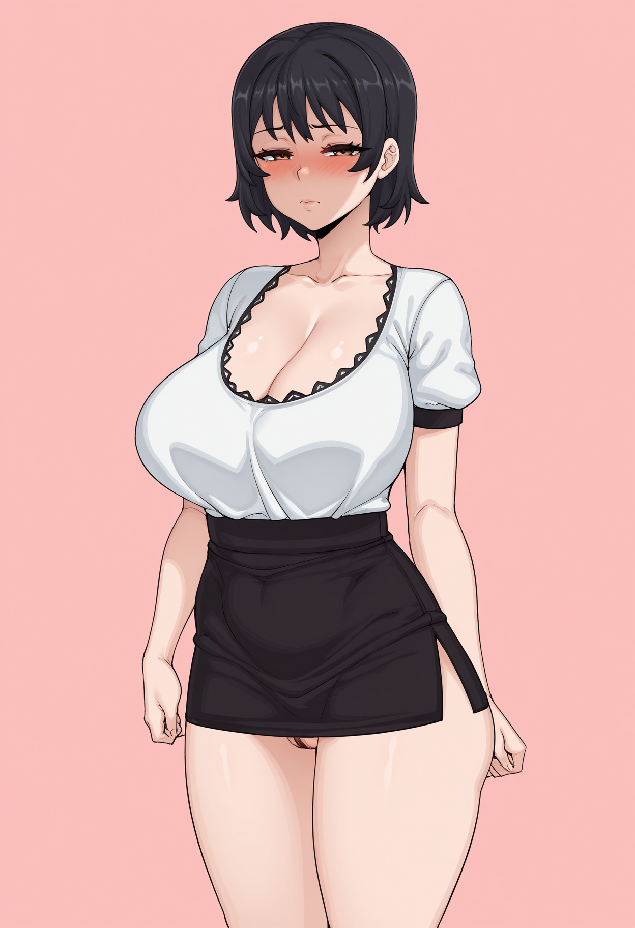 1girl, solo,standing,looking at viewer, half-closed eyes, blush,black hair, short hair,white shirt, short sleeves, cleavage,black skirt,pink background, simple background, masterpiece, best quality, uncensored,
 <lora:Asa_Blue_Bone:1> Blu3 B0n3,