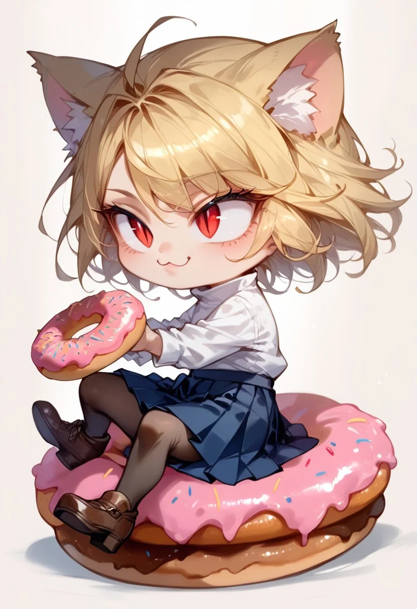 ng_deepnegative_v1_64t, score_9, score_8_up, score_7_up, Expressiveh, very detailed, white outline, colorful donuts in background, high quality, necoarc, blonde hair, red eyes, slit pupils, cat ears, :3, chibi, bakery, holding very large donut, detailed donut, turtleneck, white shirt, blue skirt, pleated skirt, pantyhose, brown footwear, sitting, from side