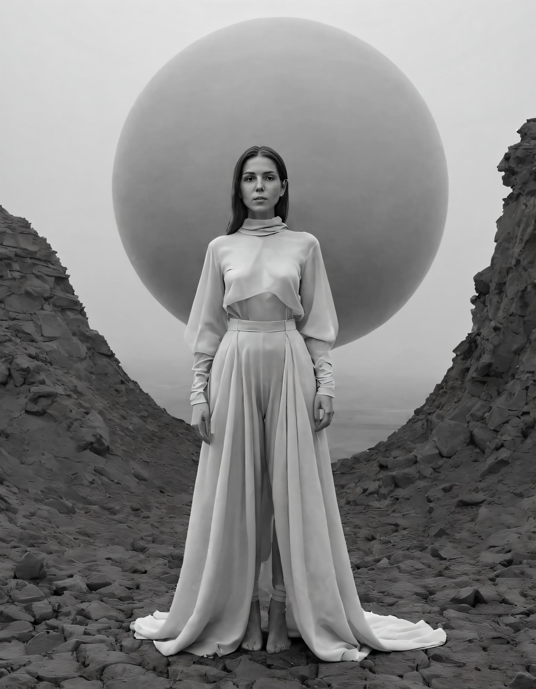 Rony, dressed in a mysterious monochromatic ensemble that blended with the intriguing abstract surrealist landscape, stood poised within this magical setting - an enigmatic pose capturing both her apparent strength and inherent vulnerability in a single, ethereal moment. <lora:kgyqls18f933280b7g346:1>