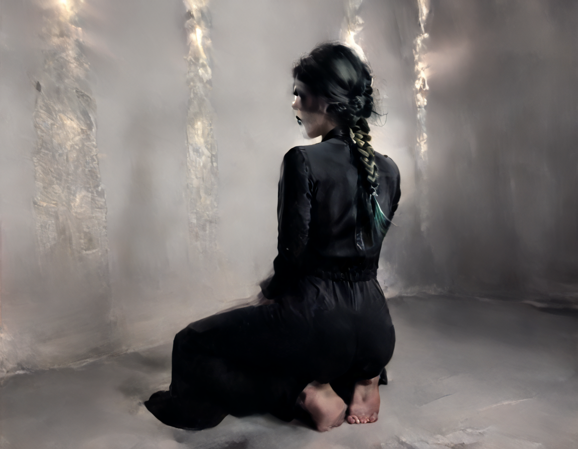 (score_9,score_8_up,score_7_up:1), 1girl, full body, off dutch angle, low lighting, fear, (goth, (black lipstick, black mascara, black eyeshadow)), (skinny), glowing hair, queens braid hairstyle, choker, eyeshadow)), (alabaster glowing skin), pawg, wide hips, milf, <lora:butt:1>, (crouching), junk nature trail, (black jumpsuit), <lora:fellatrix_style:1>