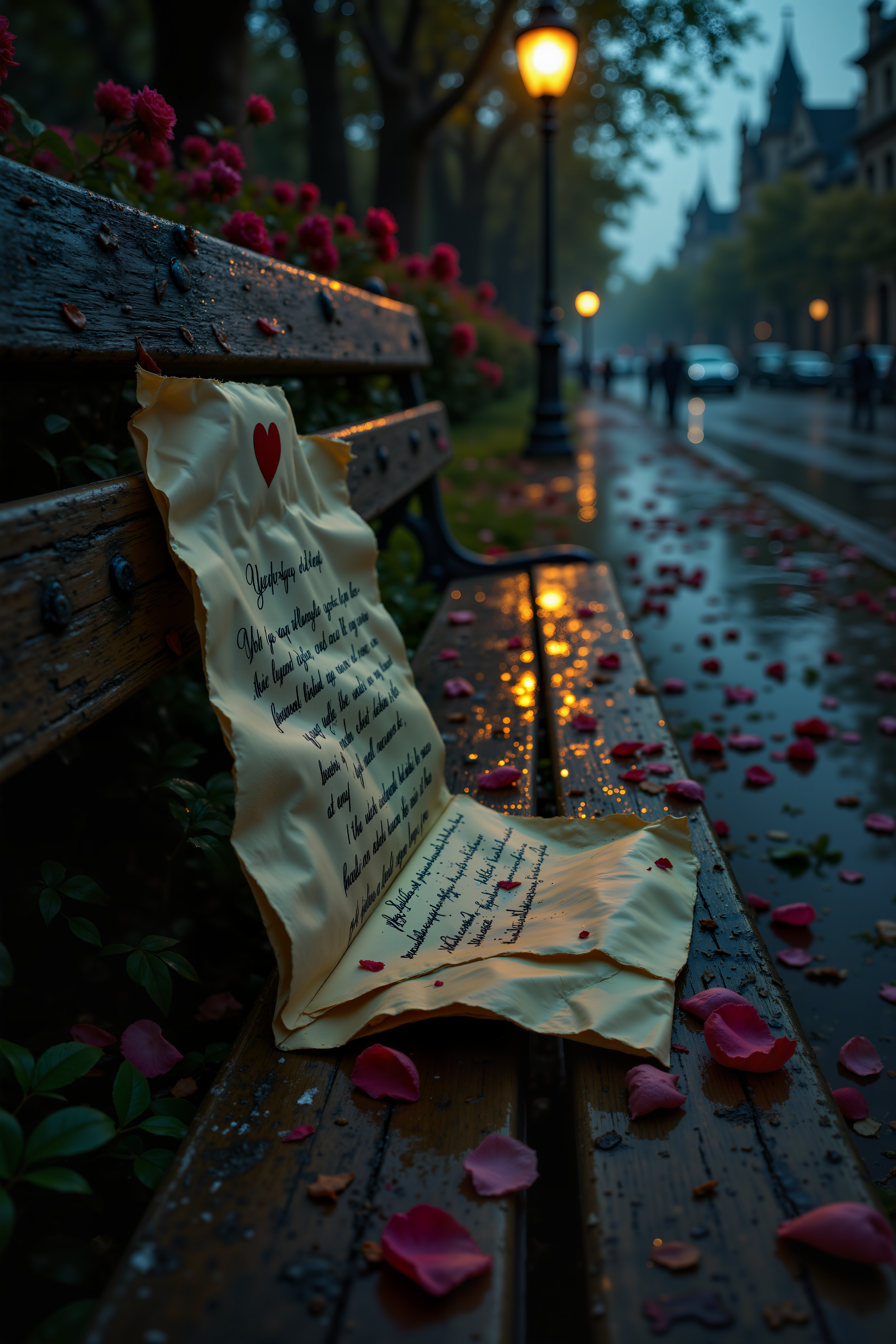 A Rain-Soaked Love Letter Lying Forgotten on a Park Bench. On an old wooden park bench, a single envelope rests, its edges curled from the damp touch of a passing rain shower. The ink has smudged slightly, but the faint outlines of looping, passionate handwriting remain. Through the slightly open flap, the first few words of the letter peek out: "My dearest, I never meant to..." before disappearing into the folds of the damp paper. Fallen petals from a nearby rose bush scatter across the seat, while in the distance, the faint glow of a streetlamp casts long, melancholy shadows. Whoever left the letter behind did so in hasteâor heartbreak. , detailed background  Fantastic lighting. Detailed shadows.intricate details, vivid colors, hyper-detailed, ultra-sharp, , <lora:FluxMythR3alisticF><lora:PCB_Image_Enhancer_for_FLUX:0.35>