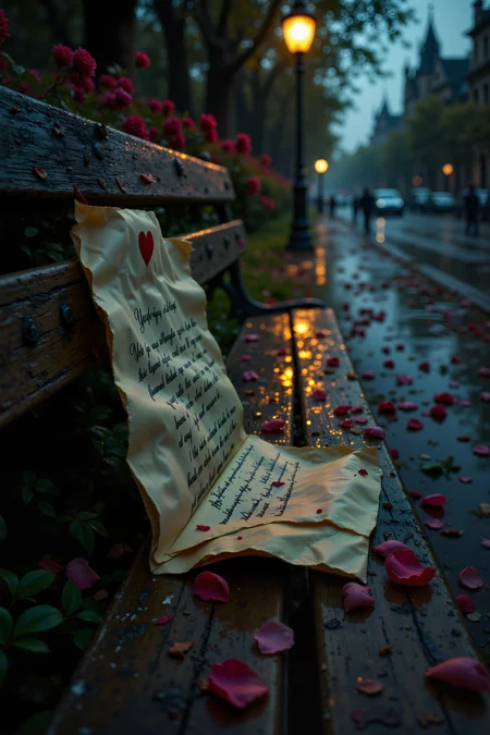A Rain-Soaked Love Letter Lying Forgotten on a Park Bench. On an old wooden park bench, a single envelope rests, its edges curled from the damp touch of a passing rain shower. The ink has smudged slightly, but the faint outlines of looping, passionate handwriting remain. Through the slightly open flap, the first few words of the letter peek out: "My dearest, I never meant to..." before disappearing into the folds of the damp paper. Fallen petals from a nearby rose bush scatter across the seat, while in the distance, the faint glow of a streetlamp casts long, melancholy shadows. Whoever left the letter behind did so in hasteâor heartbreak. , detailed background Fantastic lighting. Detailed shadows.intricate details, vivid colors, hyper-detailed, ultra-sharp, , <lora:FluxMythR3alisticF><lora:PCB_Image_Enhancer_for_FLUX:0.35>