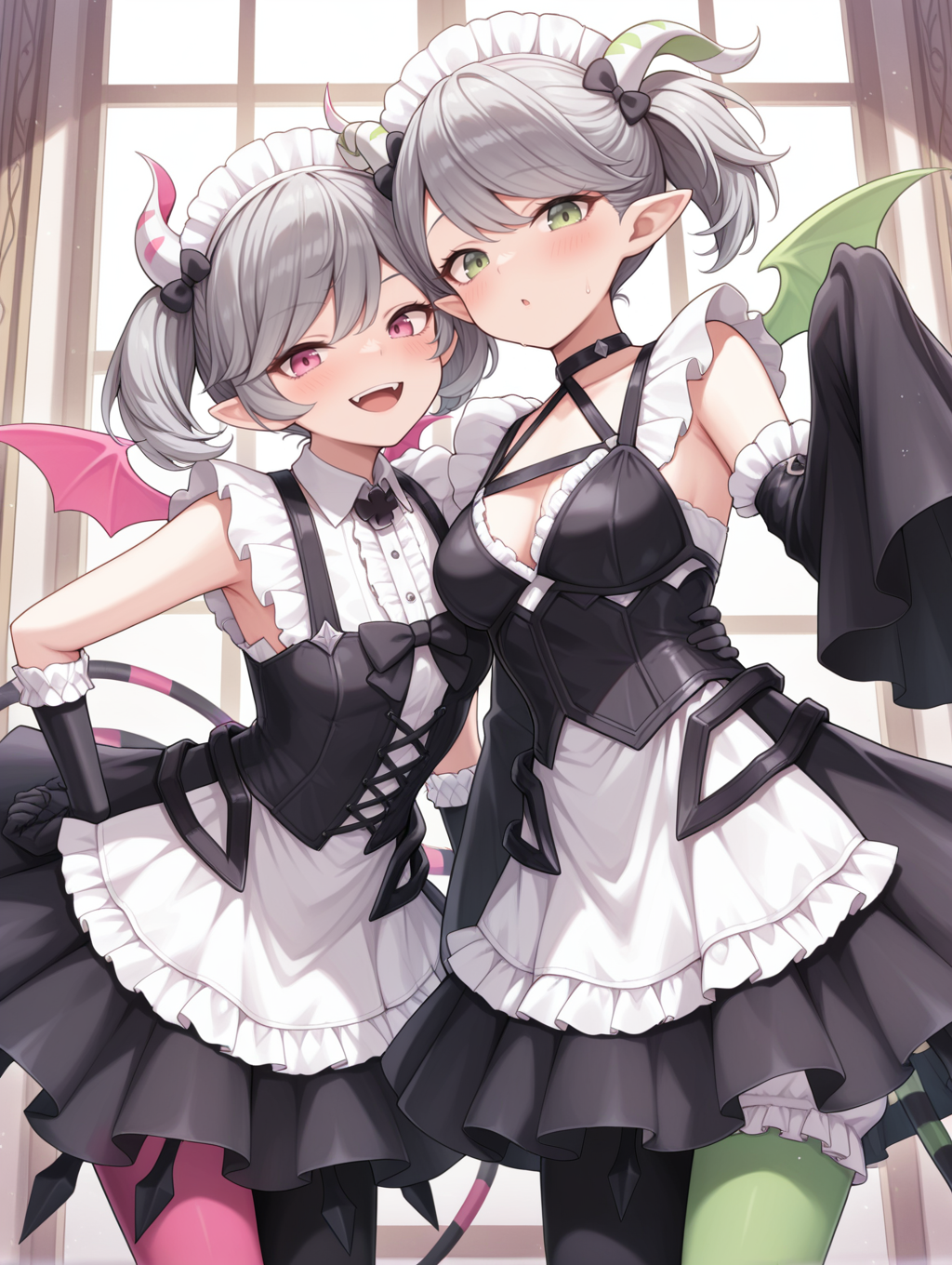twins,demon girl,2girls,open mouth,smile,white maid headdress,black hair bow,arianne the labrynth servant,black bowtie,black cross-laced corset,black elbow gloves,asymmetrical legwear,white frilled dress,arianna the labrynth servant,black corset,black wide sleeves,sleeves past fingers,white maid dress,mismatched legwear,
masterpiece,best quality,amazing quality,very aesthetic,absurdres,newest,<lora:Arianne and  Arianna the Labrynth Servant illusXL v1.1:0.75>,