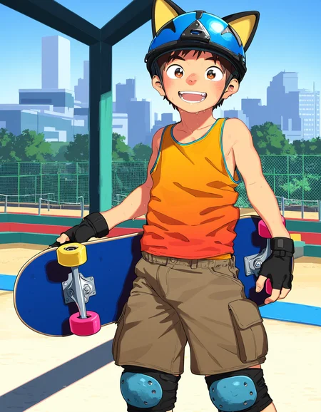 masterpiece, best quality, shounenzoom-style, 2015s, solo, outdoors, skatepark, cityscape, cowboy shot, 1boy, brown hair, brown eyes, looking at viewer, open mouth, smile, orange tank top, sweat, cargo shorts, blush, cat ears, helmet, knee pads, black fingerless gloves, standing, holding skateboard <lora:shounen_zoom-naixl-v7Nc-ShoAI:1>
