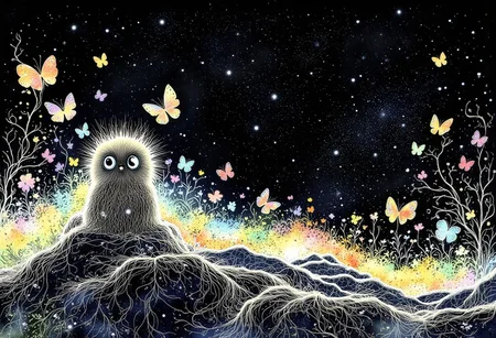 a gritty graphic illustration, Studio Ghibli Dark Fairytale, masterpiece, best_quality, detailed_eyes, 
dark chromatic_colors, monochrome palette, fairytale_landscape, cute_creature, multicolored_fur, sitting, rainbow, magical, starry, butterflies,
