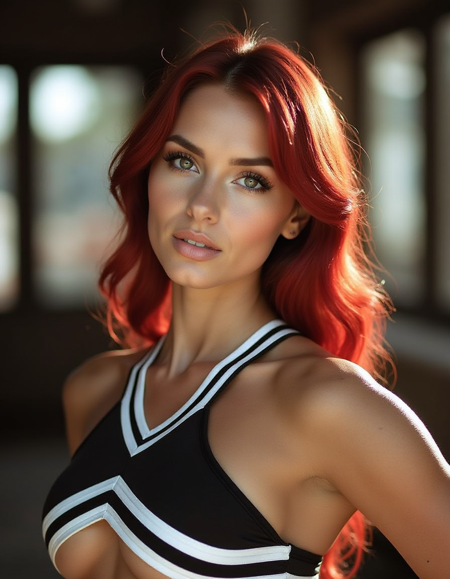 a beautiful 20 year old woman with red hair wearing a black and white cheerleading uniform.  <lora:yandy-varsity-vixen:1> varsity_vixen,