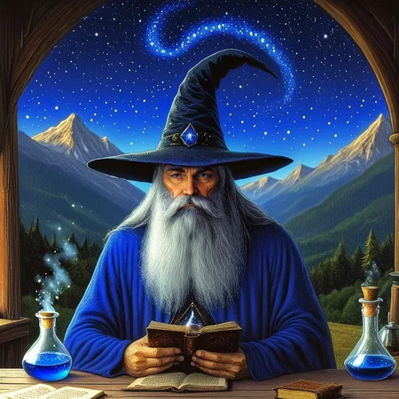 <lora:Vintage_Wizard_Fantasy_illustrationSDXL:1> Vintage Fantasy illustration, The image is a digital illustration of an old wizard sitting at a table with a book in front of him. The wizard has a long white beard and a black pointed hat. He is wearing a blue robe and has a serious expression on his face. The table is covered with a wooden tablecloth and there are several glass bottles and a flask on it. In the background there is a mountainous landscape with trees and mountains. The sky is filled with stars and the overall mood of the image is mystical and mystical., 1boy, hat, wizard, facial hair, solo, male focus, beard, book, witch hat, star (sky)