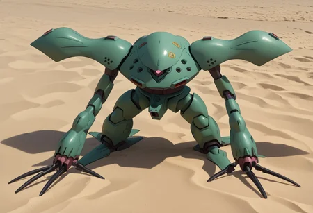 score_9, score_8_up, score_7_up, source_anime, front view, BREAK, ( hygogg, black_hygogg_armor, black hygogg, green edges, pink monoeye, looking at viewer, leaning forward, long arms, very long arms, long claws) 1mech, red mech, wide mech, large shoulders, large shoulder armor, mech focus, solo, BREAK, on beach, waving,