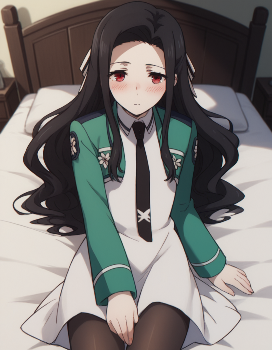 score_9, score_8_up, score_7_up, source_anime,
mayumisaegusa, <lora:mayumi-saegusa-s2-ponyxl-lora-nochekaiser:1>,
mayumi saegusa, long hair, black hair, red eyes, ribbon, hair ribbon,
long sleeves, dress, school uniform, pantyhose, necktie, white dress, black necktie,
indoors, bed, bed room, on side, blush, drunk,
solo, dutch angle, looking at viewer, cowboy shot,