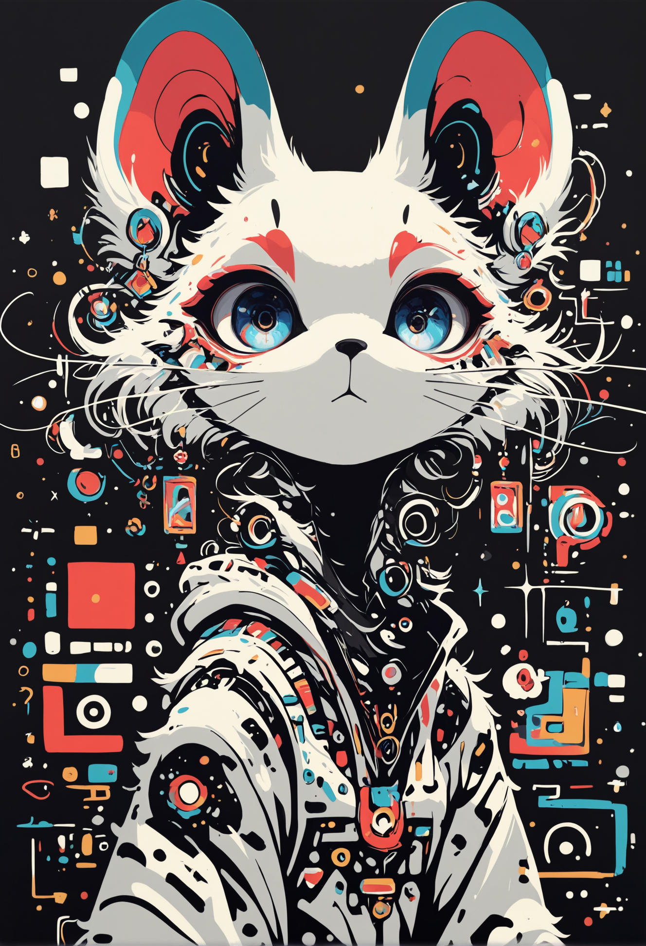masterpiece, best quality, newest, highres, absurdres,focused subject,no lineart, no outline, 1girl, solo, looking at viewer, blue eyes, simple background, animal ears, jewelry, upper body, earrings, no humans, black background, furry, whiskers, minimalism, abstract background,mid air,straight on