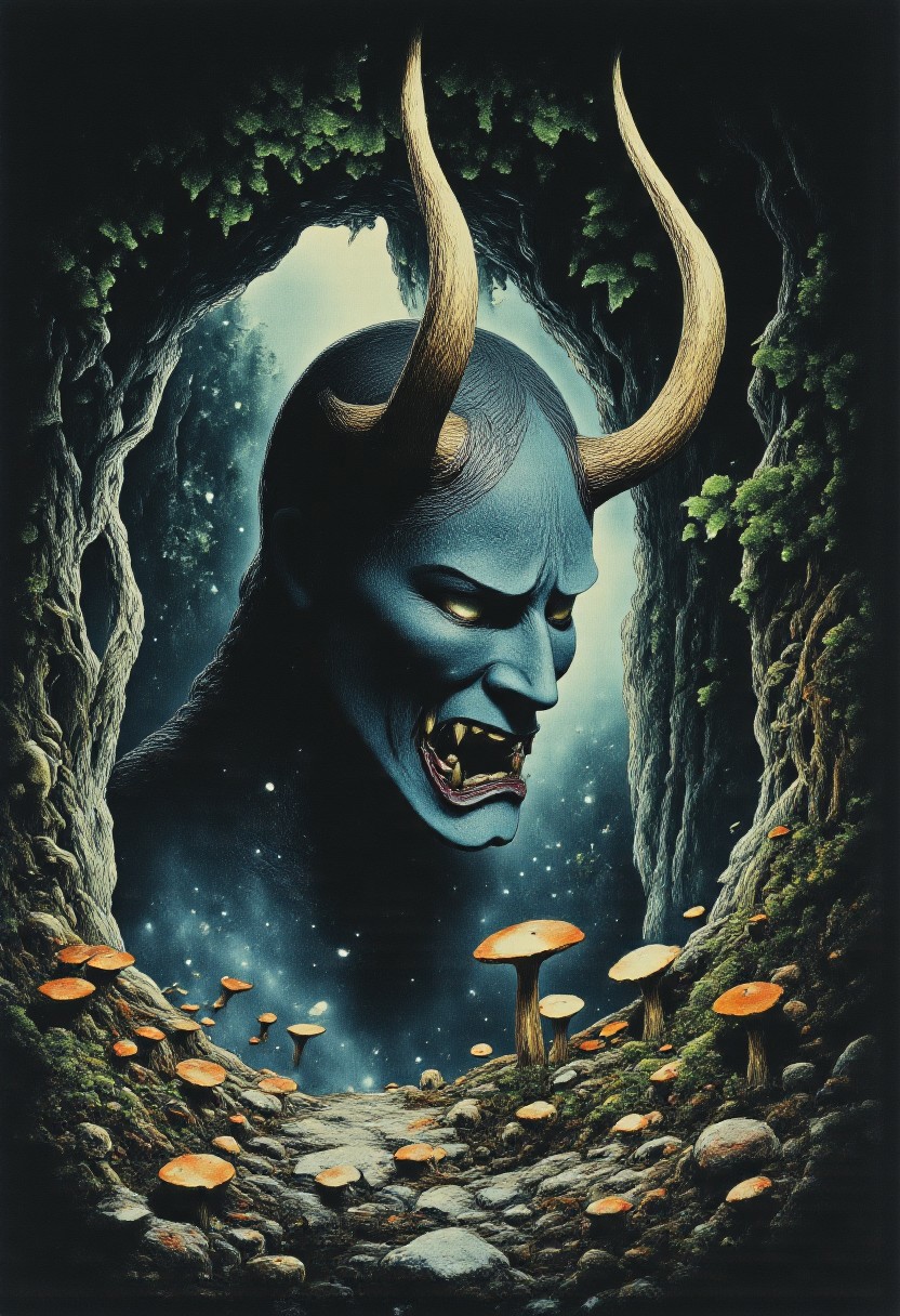 Satyr ArsMovieStill, movie still from a 1970s horror movie Studio Ghibli Dark Fairytale depicting a cursed hannya mask with horns and fangs in an eerie dark forest amidst twisting vines and mushrooms