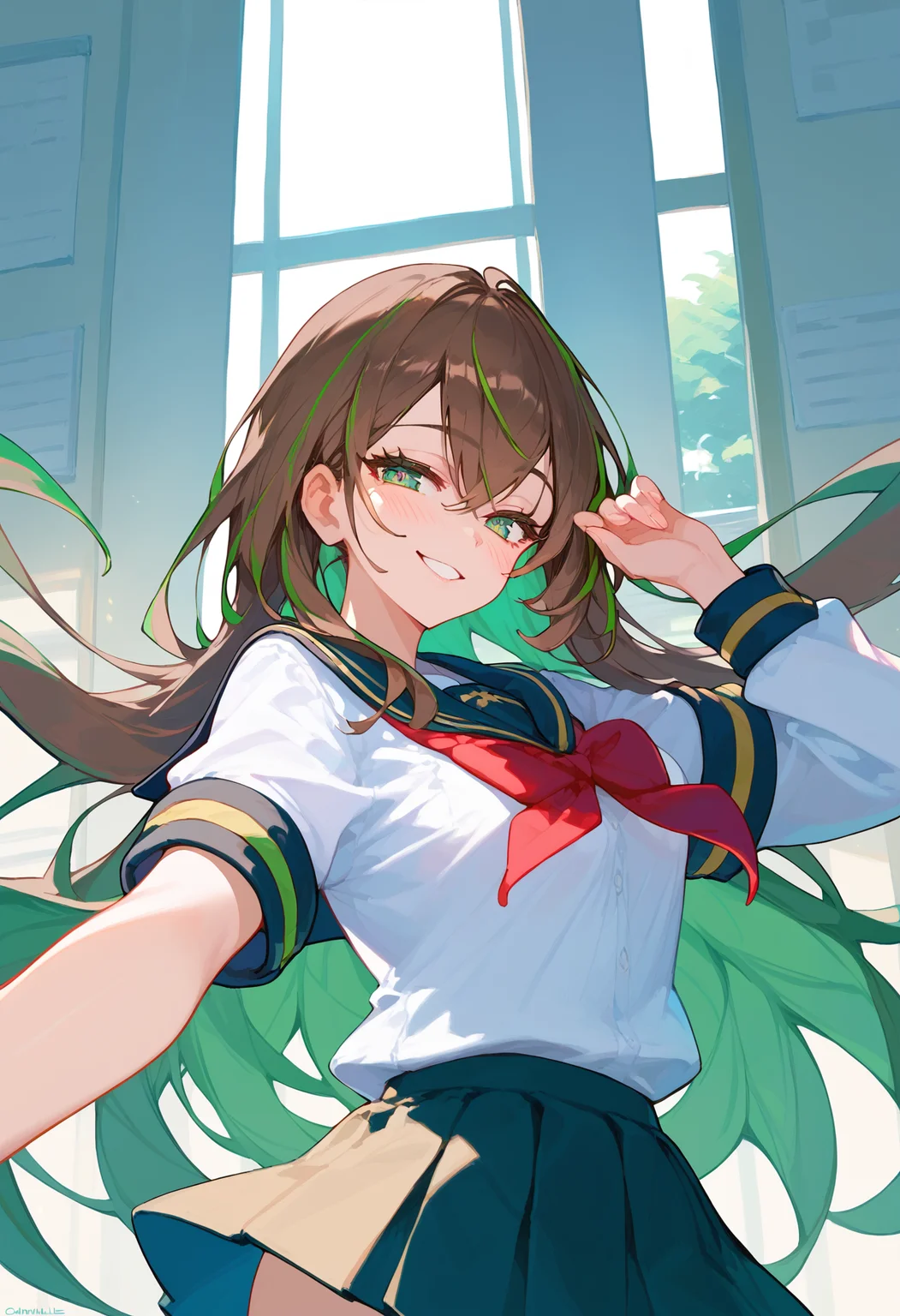 1 girl, solo, <lora:Camille:1> camille,brown hair,green eyes,two-tone hair,very long hair, seductive smile, school uniform,, (score_9,score_8_up,score_7_up),best quality, masterpiece,source anime,