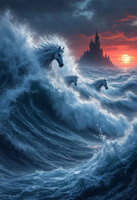 A mesmerizing dark fantasy digital painting that captures a tumultuous ocean, where the waves are depicted as untamed, galloping horses, brimming with life and energy. The white-foamed peaks and troughs of the waves create a powerful sense of motion, with the dramatic use of shadows adding depth and intrigue. In the distance, a gothic castle looms on the horizon, amplifying the enigmatic ambiance. The dominant dark blue color palette is contrasted with deep red hues in the sunset sky, resulting in a captivating and cinematic atmosphere, perfect for a dark fantasy conceptual art piece., dark fantasy, conceptual art, cinematic