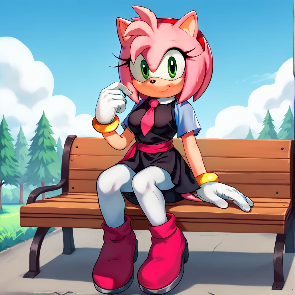 score_9, score_8_up, score_7_up, score_6_up, score_5_up, score_4_up, BREAK, <lora:amyrosesonicxoutfit:1>, arsonicxoutift, black dress, short dress, white pantyhose, pink necktie, pink sash, short sleeves, outside, pink boots, animal ears, amy rose, 1girl, animal nose, furry female, pink fur, pink hair, green eyes, solo, furry, outside, trees, clouds, detailed, white gloves, medium breasts, looking at viewer, smile, <lora:Amy_Rose:1> <lora:BoldCAT_P3:1>, sitting on bench,