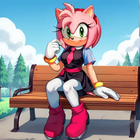 score_9, score_8_up, score_7_up, score_6_up, score_5_up, score_4_up, BREAK, <lora:amyrosesonicxoutfit:1>, arsonicxoutift, black dress, short dress, white pantyhose, pink necktie, pink sash, short sleeves, outside, pink boots, animal ears, amy rose, 1girl, animal nose, furry female, pink fur, pink hair, green eyes, solo, furry, outside, trees, clouds, detailed, white gloves, medium breasts, looking at viewer, smile, <lora:Amy_Rose:1> <lora:BoldCAT_P3:1>, sitting on bench,