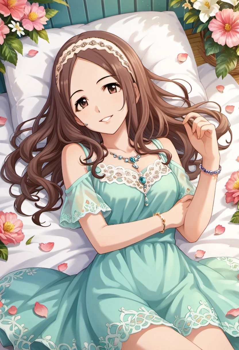 score_9, score_8_up, score_7_up, source_anime, sawada marina, brown hair, brown eyes, long hair, 1girl, jewelry, necklace, solo, bracelet, flower, petals, lying, hairband, smile, dress, looking at viewer
