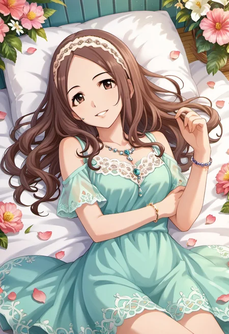 score_9, score_8_up, score_7_up, source_anime, sawada marina, brown hair, brown eyes, long hair, 1girl, jewelry, necklace, solo, bracelet, flower, petals, lying, hairband, smile, dress, looking at viewer