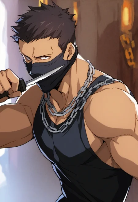 1boy, Criminal, buzz hair, black mask, chain necklace, black_hair, score_8_up, score_7_up, score_6_up, score_9_up, stand at alley, fantasy, bare arms,holding knife,  tight black tanktop,(manly),face_focus, middle-age man, muscular, centered,looking at viewer, detailed eyes, 8k uhd, high quality, no eyebrow, pull down mask, evil_grin