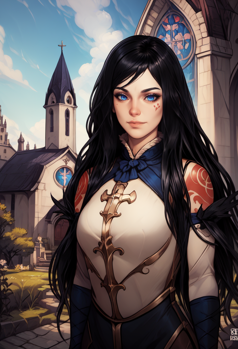 score_9, score_8_up, score_7_up, score_9,  <lora:pony_good_hands:1>, <lora:shanoa:1> shanoa, long hair, black hair, blue eyes, tattoo, calm face, serene look, good_hands, good anatomy, outdoor, church, absurdres,