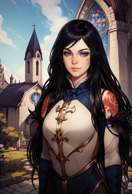 score_9, score_8_up, score_7_up, score_9,  <lora:pony_good_hands:1>, <lora:shanoa:1> shanoa, long hair, black hair, blue eyes, tattoo, calm face, serene look, good_hands, good anatomy, outdoor, church, absurdres,