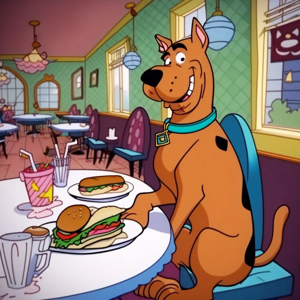 score_9, score_8, score_9, BREAK,, solo, scooby, dog, collar, sitting, indoors, restaurant, sandwich