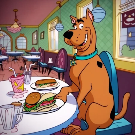 score_9, score_8, score_9, BREAK,, solo, scooby, dog, collar, sitting, indoors, restaurant, sandwich