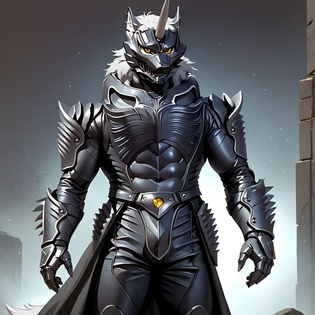 score_9, score_8_up, score_7_up, score_6_up, score_5_up, score_4_up,
dynamic action pose, male, handsome, powerful muscular body, (full body), (Totality Embodiment), breathtaking beauty, pure perfection, divine presence, unforgettable, impressive, chiaroscuro, night time,
black metal armor, grey wolf, grey body, grey skin, grey fur, villain, glowing yellow eyes, long white hair, wolf face helmet, wolf face mask, single horn on forehead, powerful muscular warrior like body, opened armored leather long jacket, thick arms, thick legs, wide thick chest, large pecs, abs, dashing, evil, villain, supervillain, detailed background, conquering a futuristic city,
<lora:Zen_Aku_Power_Rangers_Wild_Force_AD_SDXL:0.85>