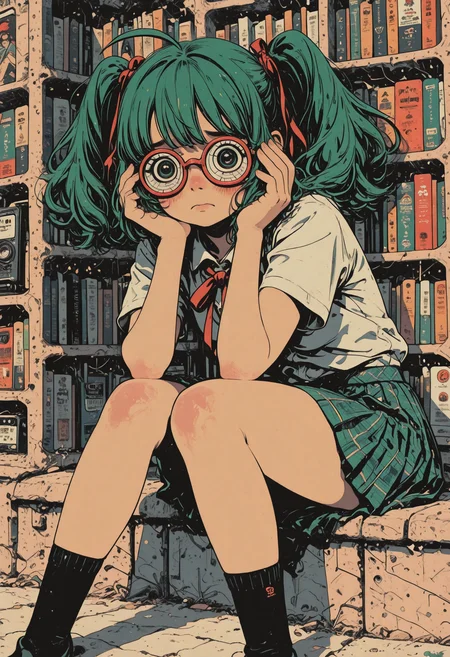 1 girl, shy, blush, panic, funny, fujoshi miku, fujoshimiku, green hair, twintails, opaque glasses, coke-bottle glasses, white shirt, red ribbon, pleated skirt, plaid skirt, socks, long legs, big eyes, flat color, pop art, clean lineart, yoneyama mai, ahoge, shoujo style, flat coloring, soft
sinozick style, flat color, in the style of cksc, illustration, masterpiece, (extremely detailed CG 8k), (very fine 8K CG), (ultra detailed perfect piece:1.2), lat color, no lineart,,(no lineart, flat art style:1.0), NO_LINE_ART, comical, simple,
<lora:Sinozick_Style_XL_Pony:0.35> <lora:NOOB_vp1_detailer_by_volnovik_v1:1> <lora:ponyv6_noobV1_2_adamW:0.9> <lora:ck-shadow-circuit-IL:1>