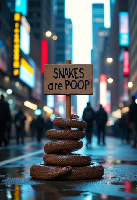 An brown snake coiled up to resemble a piece of coiled dog poop. There is a sign above it that says "SNAKES ARE POOP" the highest quality detail, New York City street, hyper realistic, detailed city background, wet streets, cool lighting with natural blue hue, UHD 8k, angry