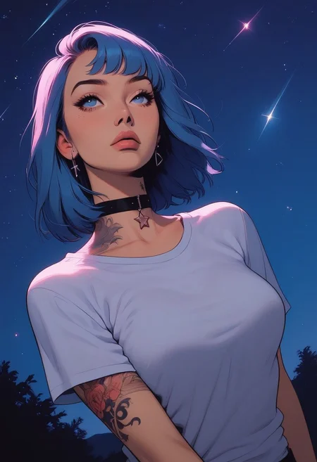 Score_9, Score8_up, Score_7_up, (((High Resolution, Best Quality))), 
1girl, solo, Covered in Tattoos, her hand on her head, brushing hair behind ear, 
Graphic tshirt, tight t shirt, large natrual breasts, cutoff, choker, looking up at sky, 
On a Cliff overlooking a beach, night, night sky, at night, stars, shooting star, 
Cowboy shot, dutch angle,