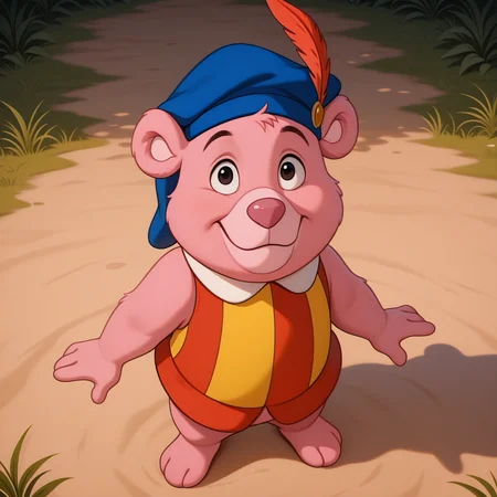 high quality, absurd res, best quality, cartoon, cubbigummixl, anthro, solo, pink bear, striped tunic, blue hat with feather, ultra realistic, photorealism, looking at viewer, from above, standing, light smile, white collar