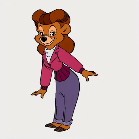 score_9, score_8_up, score_7_up, score_6_up, score_5_up, score_4_up, BREAK, rebecca cunningham , 1girl, solo, smile, simple background, shirt, long sleeves, white background, animal ears, standing, jacket, full body, white shirt, pants, furry, furry female, retro artstyle, pink jacket, bear girl, brown fur, brown hair, body fur, furry girl, <lora:rebecca_cunningham:1>