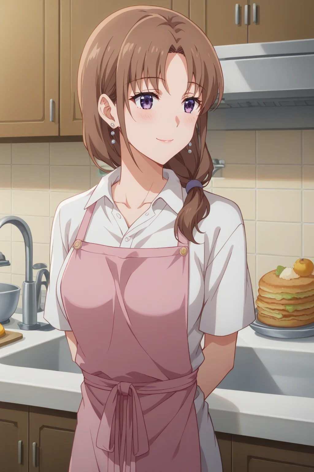 score_9_up, score_8_up, score_7_up, source_anime, 1girl, prefect lighting, very aesthetic, intricate details, highly detailed background, masterpiece, high quality, prefect hands, best quality, solo,
<lora:Akiko_Ayase_Days_with_My_Stepsister_V1:.85>, KJOakiko, brown hair, purple eyes, parted bangs, ponytail, hair over shoulder,
white shirt, pink apron, collared shirt, earrings,
arms behind back, smile, closed mouth, blush,
kitchen, sink, food, counter,
(Beautiful, medium Breasts:1.2), natural breasts,